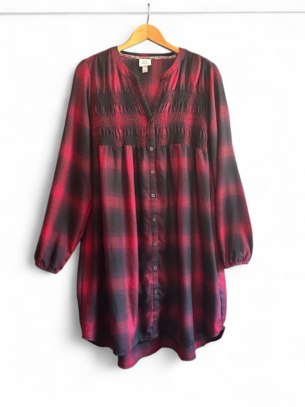 Knox Rose Babydoll Dress Smocked Long Sleeve Plaid Red Black XL Extra Large